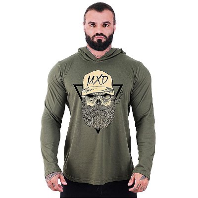Camiseta Manga Longa Longline Com Touca MXD Conceito Caveira Lenhador