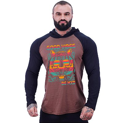 Camiseta Manga Longa Longline Com Touca MXD Conceito Good Vibes Lion