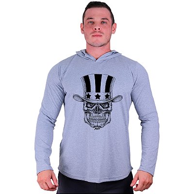 Camiseta Manga Longa Longline Com Touca MXD Conceito Caveira Cartola