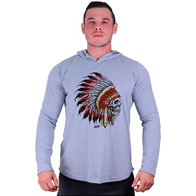 Camiseta Manga Longa Longline Com Touca MXD Conceito Indio Caveira