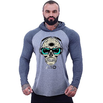 Camiseta Manga Longa Longline Com Touca MXD Conceito Caveira Mexicana