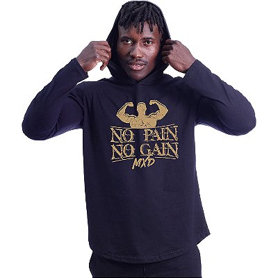 Camiseta Manga Longa Longline Com Touca MXD Conceito No Pain No Gain
