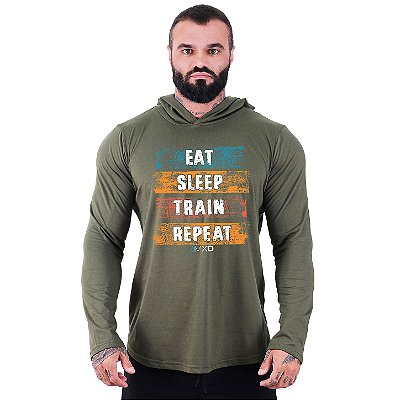 Camiseta Manga Longa Longline Com Touca MXD Conceito Eat, Sleep, Train, Repeat