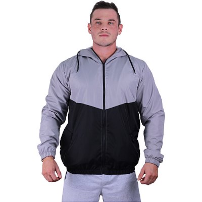 Jaqueta Corta Vento Bicolor com Zíper Gola Alta MXD Conceito Cinza e Preto
