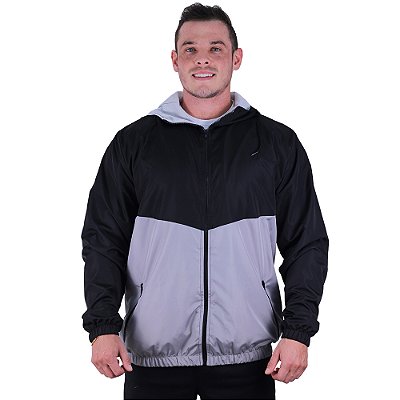 Jaqueta Corta Vento Bicolor com Zíper Gola Alta MXD Conceito Preto e Cinza