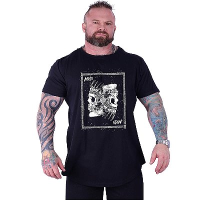 Camiseta Longline Estampada Plus Size MXD Conceito Manga Curta Skull Card
