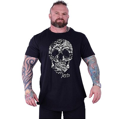Camiseta Longline Estampada Plus Size MXD Conceito Manga Curta Caveira Liquida