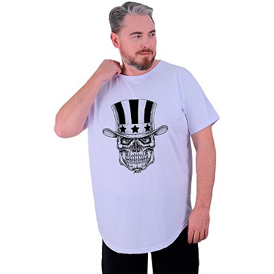 Camiseta Longline Estampada Plus Size MXD Conceito Manga Curta Caveira Com Cartola