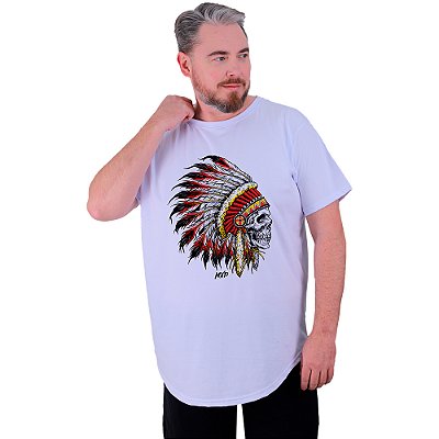 Camiseta Longline Estampada Plus Size MXD Conceito Manga Curta Caveira Cacique