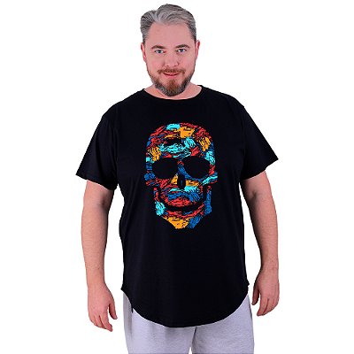 Camiseta Longline Estampada Plus Size MXD Conceito Manga Curta Caveira Abstrata