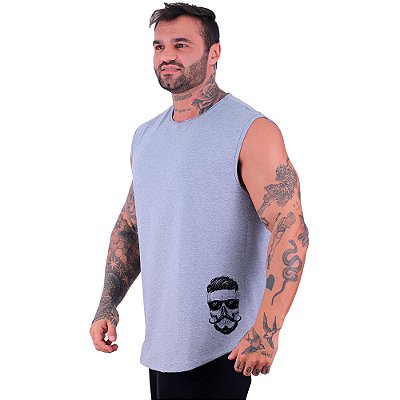 Regata Machão Longline Estampa Lateral Sem Manga MXD Conceito Caveira Bigode e Óculos