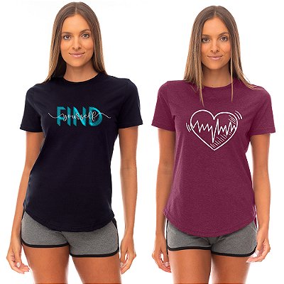 Kit 2 Camisetas Longline Feminina MXD Conceito Find Yourself e Coração