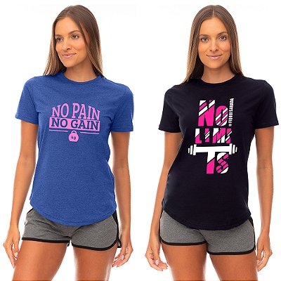 Kit 2 Camisetas Longline Feminina MXD Conceito No Pain No Gain Academia