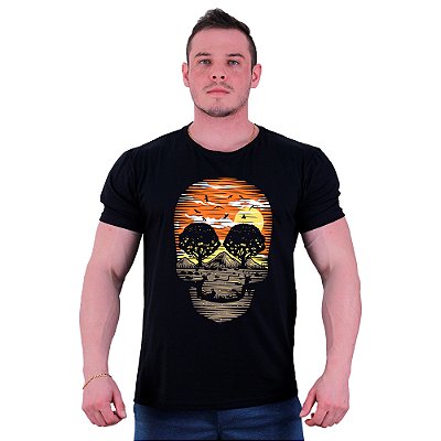 Camiseta Tradicional Masculina Manga Curta MXD Conceito Caveira Paisagem