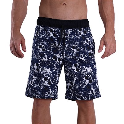 Bermuda Masculina Moletom MXD Conceito Azul Flores e Caveiras