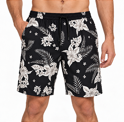 Bermuda Masculina Moletom MXD Conceito Preta Flores e Folhagem