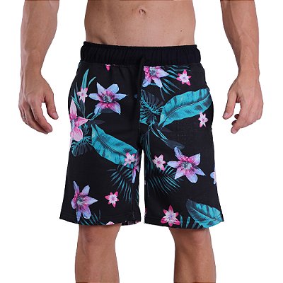 Bermuda Masculina Moletom MXD Conceito Folhas e Flores Coloridas