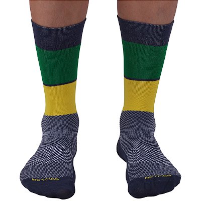 Meia Masculina Cano Alto de Alta Compressão Esportiva MXD Conceito Listrada Azul, Verde e Amarelo