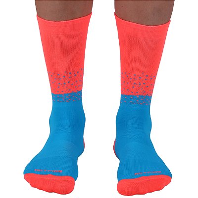 Meia Masculina Cano Alto de Alta Compressão Esportiva MXD Conceito Bicolor Azul e Laranja Neon