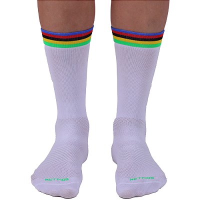 Meia Masculina Cano Alto de Alta Compressão Esportiva MXD Conceito Branca Listras Coloridas