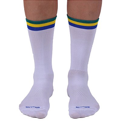 Meia Masculina Cano Alto de Alta Compressão Esportiva MXD Conceito Branca Listras Brasil