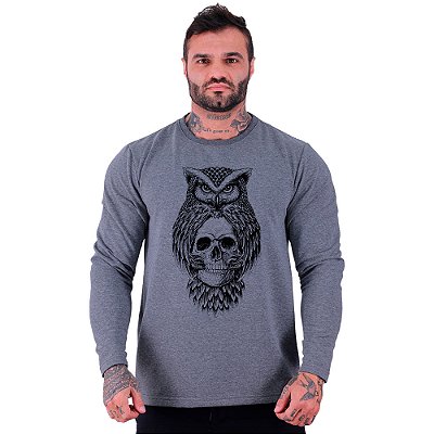 Camiseta Manga Longa Moletinho MXD Conceito Coruja Caveira