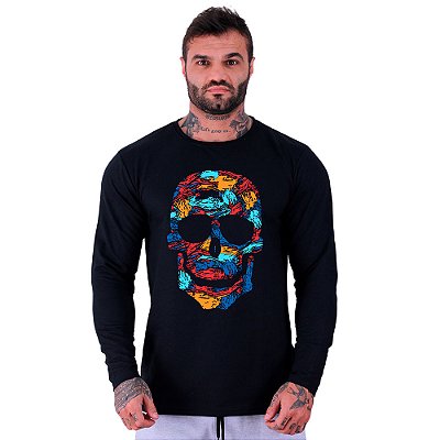 Camiseta Manga Longa Moletinho MXD Conceito Caveira Colorida