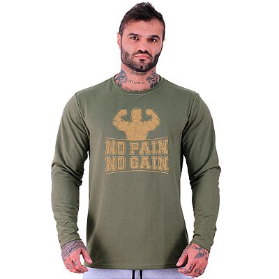 Camiseta Manga Longa Moletinho MXD Conceito No Pain No Gain Fisiculturista