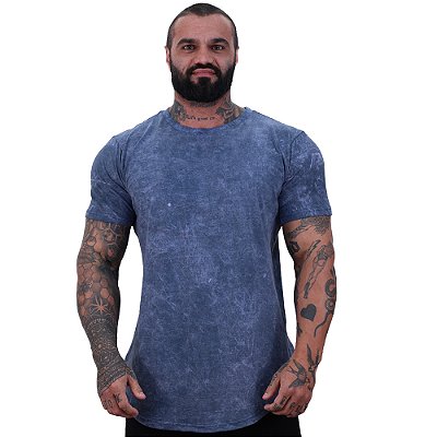 Camiseta Longline 100% Algodão Masculina MXD Conceito Lavado Estonado em Rolo Azul Marinho