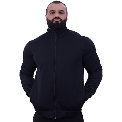 Jaqueta Com Ziper Em Helanca Peluciada 100% Poliéster Marphim Com Bolso e Gola Alta Preto Básico