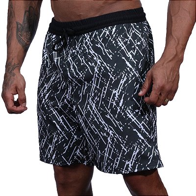 Bermuda em Tactel com Elastano Masculino MXD Conceito 3 Bolsos Cinza Escuro com Riscos Branco