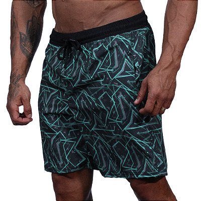 Bermuda em Tactel com Elastano Masculino MXD Conceito 3 Bolsos Preto Com Formas Verdes