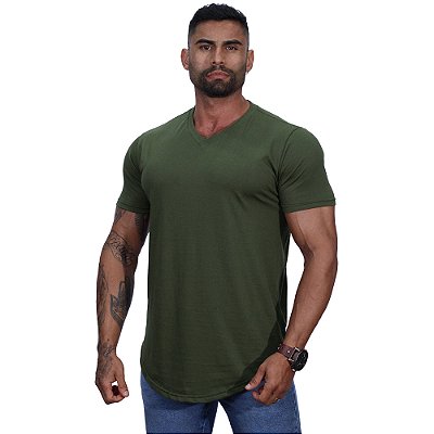 Camiseta Longline Decote V Masculina MXD Conceito 100% Algodão 30.1 Penteado PIMA-USA Verde Militar