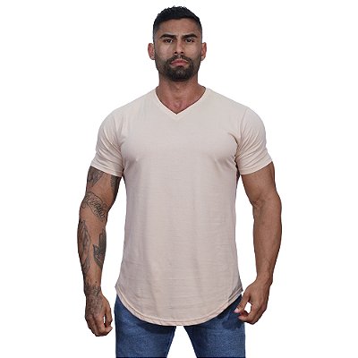 Camiseta Longline Decote V Masculina MXD Conceito 100% Algodão 30.1 Penteado PIMA-USA Bege