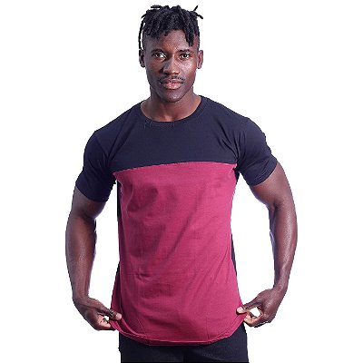 Camiseta Longline 100% Algodão Masculina MXD Conceito Bicolor Preto e Vermelho
