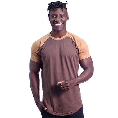 Camiseta Longline 100% Algodão Masculina MXD Conceito Raglan Marrom Claro e Marrom Escuro