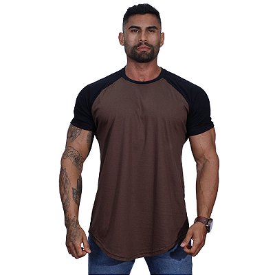 Camiseta Longline 100% Algodão Masculina MXD Conceito Raglan Preto e Marrom Escuro