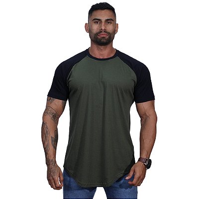 Camiseta Longline 100% Algodão Masculina MXD Conceito Raglan Preto e Verde Militar