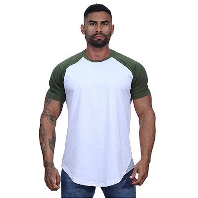 Camiseta Longline 100% Algodão Masculina MXD Conceito Raglan Verde Militar e Branco