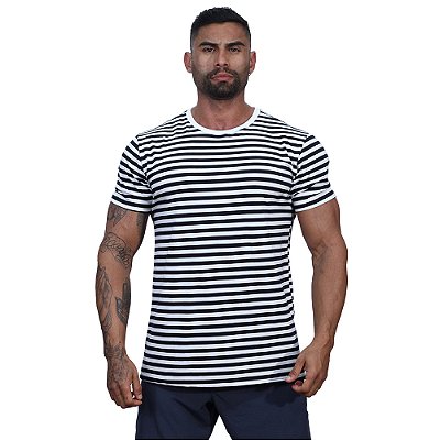 Camiseta Cotton Premium Tradicional fio 40.1 Elastano Masculina MXD Conceito Preto e Branco Listrada