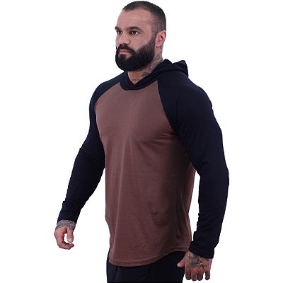 Camiseta Manga Longa Longline Com Touca Raglan MXD Conceito Preto e Marrom Escuro