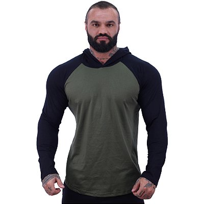 Camiseta Manga Longa Longline Com Touca Raglan MXD Conceito Preto e Verde Militar