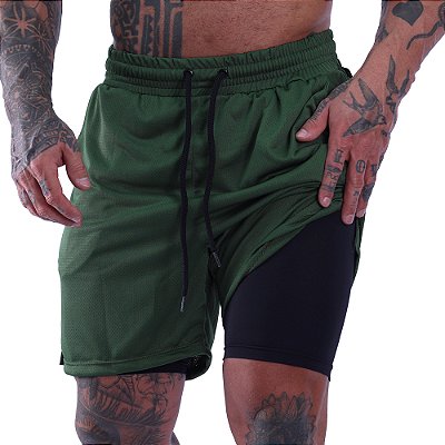 Bermuda Dupla 2 Em 1 Compressão com Suporte Toalha e Bolso Interno MXD Conceito Verde Oliva