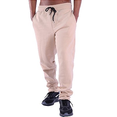 Calça Peluciada em Moletom Masculina Sem Punho MXD Conceito Bolso Lateral Bege Areia