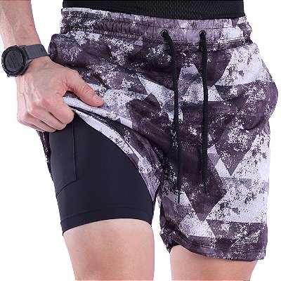Bermuda Dupla 2 Em 1 Compressão com Suporte Toalha e Bolso Interno MXD Conceito Camuflagem Cinza Moderna