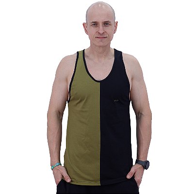 Regata Cavada Masculina Bicolor MXD Conceito Lisa Verde Militar e Preto Meio-a-Meio