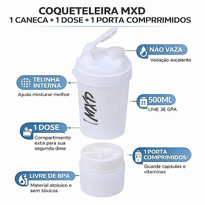 Coqueteleira Duas Doses + Porta Comprimido Academia MXD Conceito Branco 500ML