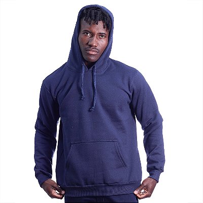 Blusa Moletom Masculino Peluciado Bolso Canguru e Capuz Azul Marinho Básico