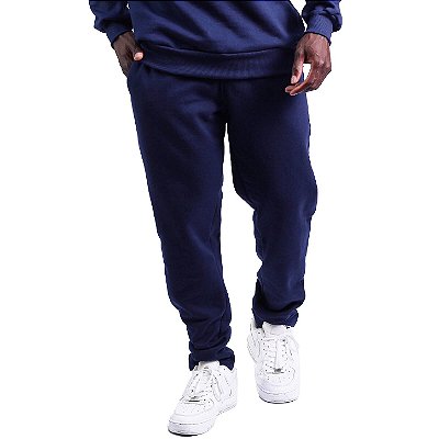 Calça Peluciada em Moletom Masculina Sem Punho MXD Conceito Bolso Lateral Azul Marinho