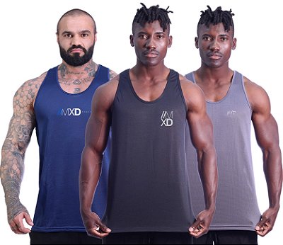 Kit 3 Regata Cavada MXD Conceito Dry Fit 100% Poliéster Estampado Grife Furadinho Marinho Preto e Cinza